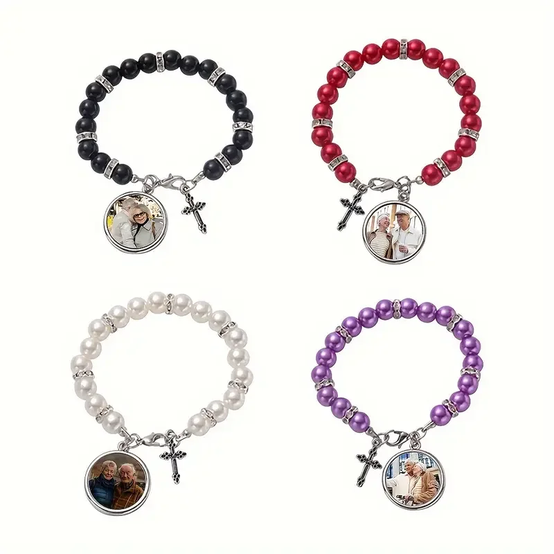 Personalised beaded bracelet, customised photo jewellery and cross pendant bead bracelet, commemorative gift