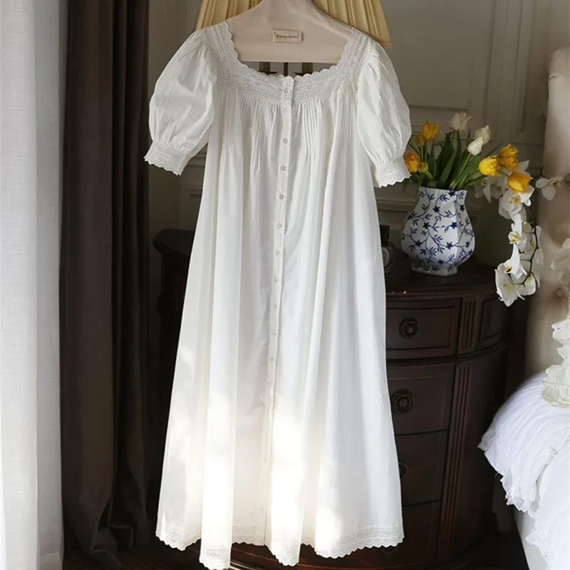 Women 100% Cotton Short Sleeves Cardigan Nightdress French Sexy Square Collar Long Mid-Calf Nightie Princess Vintage Nightgowns