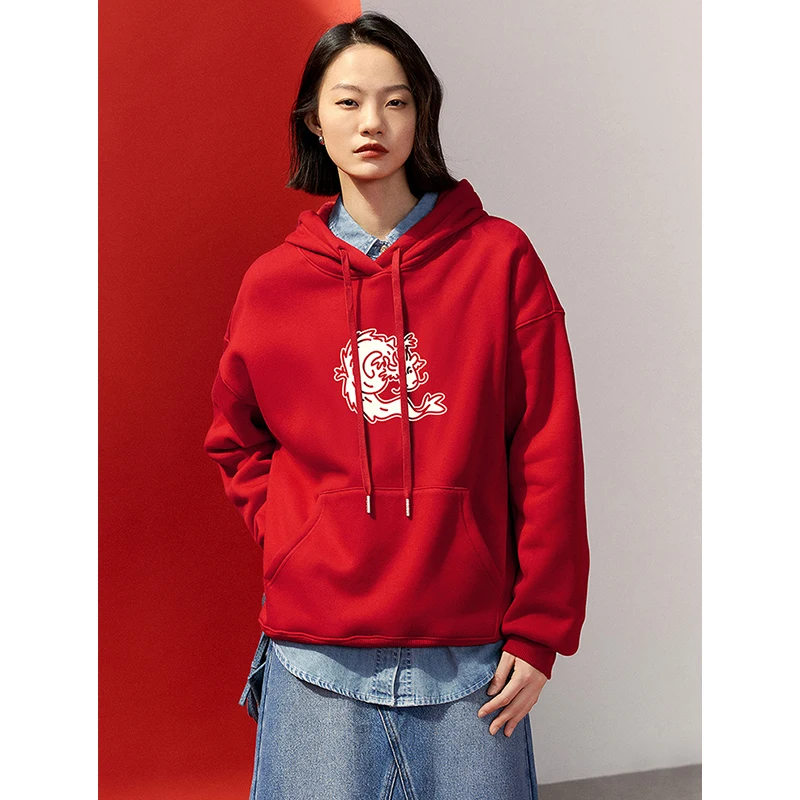 TOYOUTH Women Animal Sweatshirt 2024 Spring New Female Animal Printed Long Sleeve Drawstring Hooded Pullover Tops Red Color