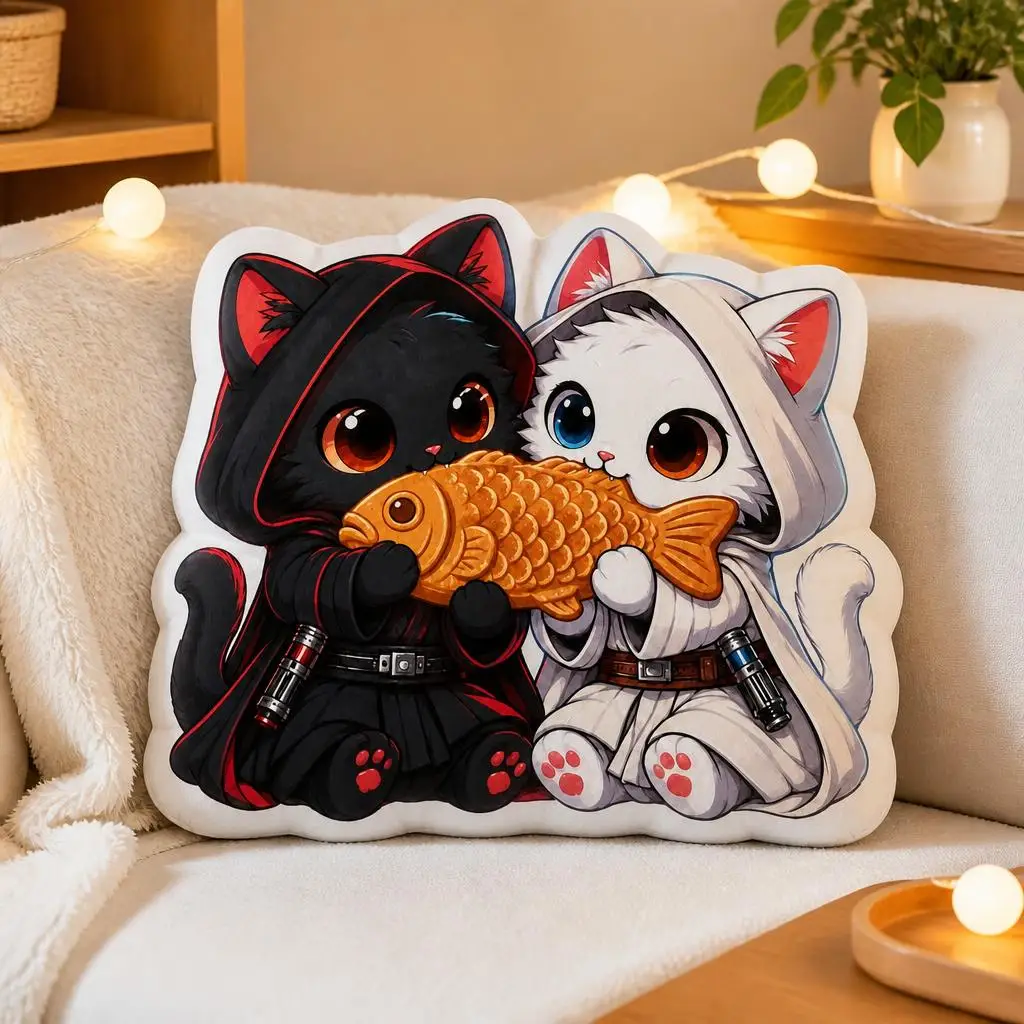 Cute Space Cat Duo Sharing Fish Shaped Throw Pillow Cartoon Kitty Cushion Plush Pillow Cat Lover Gift Sofa Bedroom Decor