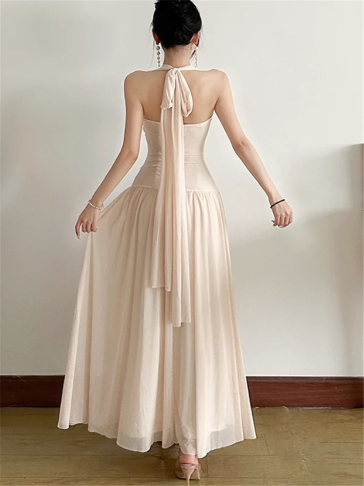 عطلة الصيف النساء الجنية عطلة الشاطئ الأخضر فستان طويل رومانسية الرسن الخامس الرقبة عارية الذراعين الخرز الخصر النحيف فستان شبكي Vestidos