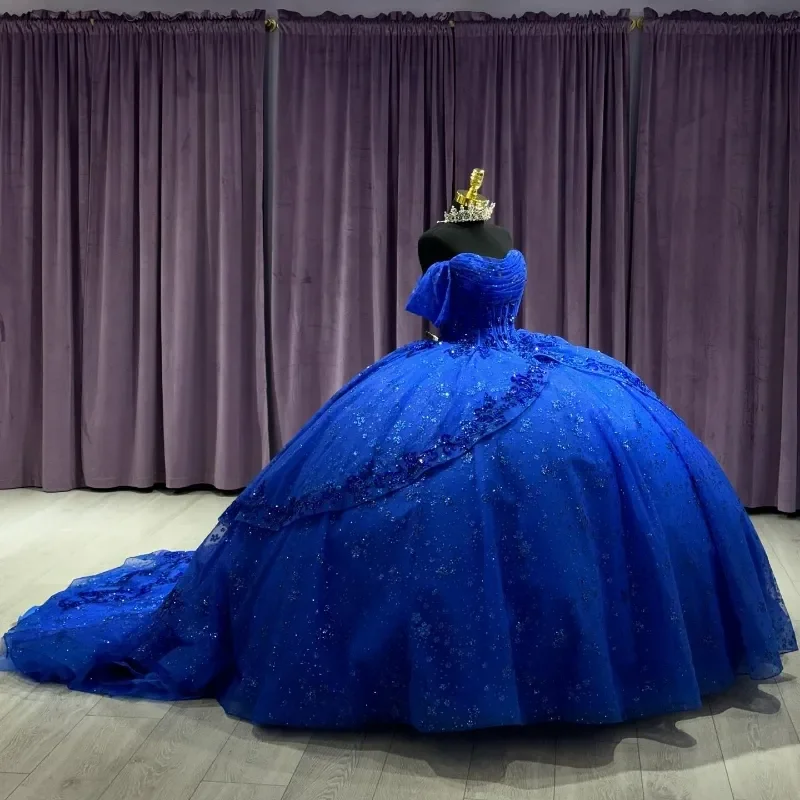 Vestidos de quinceañera Azul Real, vestido de baile hinchado con hombros descubiertos, Apliques de encaje, cuentas, vestido de princesa, dulce, Sexy, 15 años, caliente