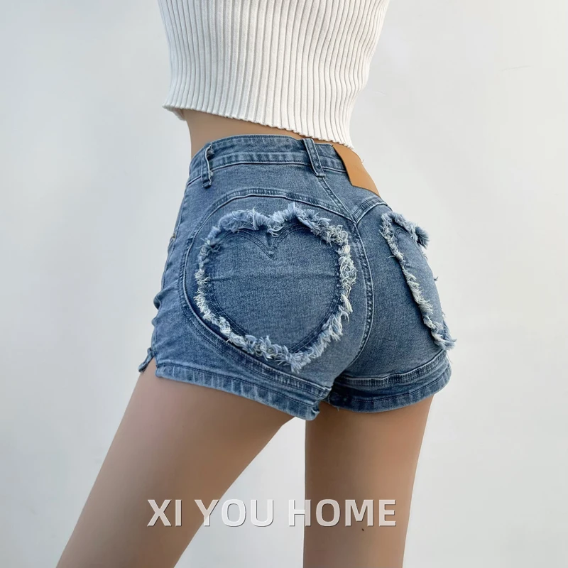 New Style Washed Worn Elastic High Waisted Denim Shorts Women Sexy Tight Fitting Wrap Hip Love Pocket Design Shorts D535