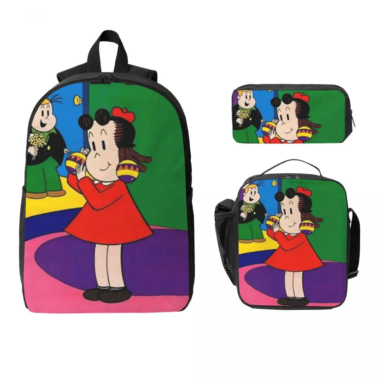 3Pcs Littles Lulus Prints Backpack Set for Kids Pen Bags Bookbag Sets with Lunch Box For School Students Knapsack