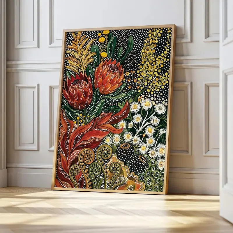 Vintage Pointillism Botanical Canvas Prints Boho Wild Flower Ethnic Woman Abstract Floral Wall Art