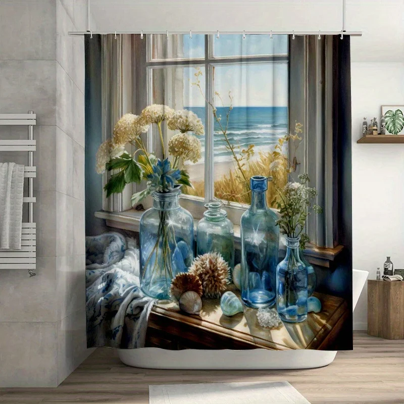 

1PC Coastal Window View Shower Curtain, Seashells & Dandelions, Durable Polyester, Easy Clean, Ocean Scene Bath Decor