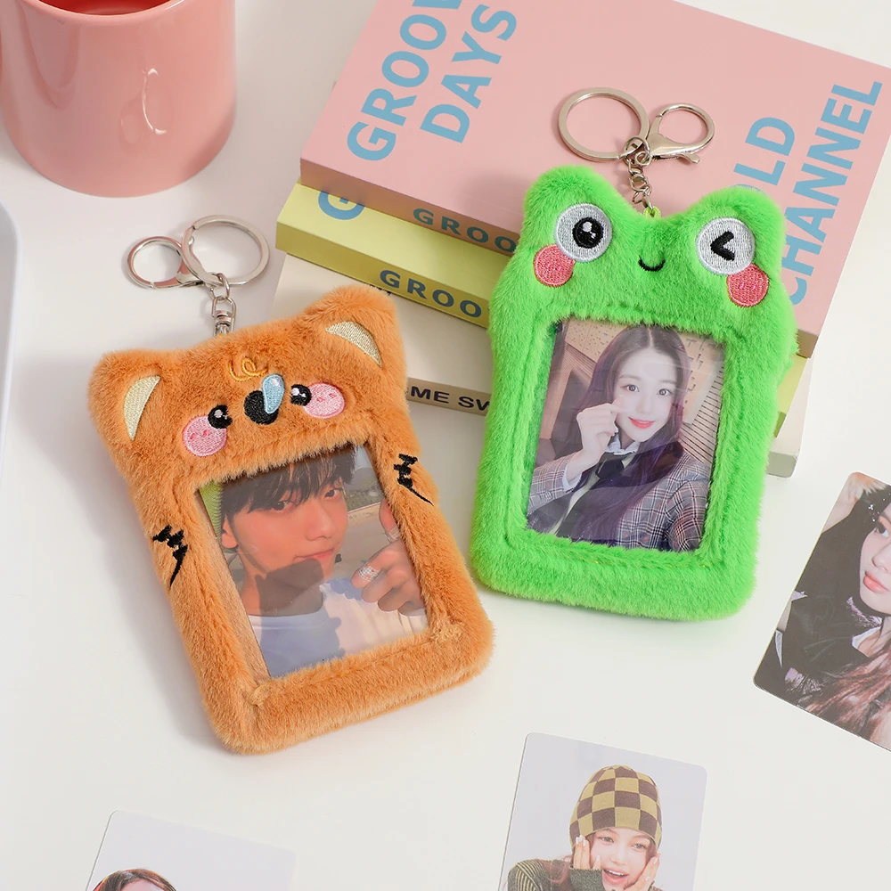 Plush Photocard Holder Kawaii Frog And Fox Kpop Idol Photo Card Holder Girls Cute Keychain ID Credit Bank Photos Protector Cas