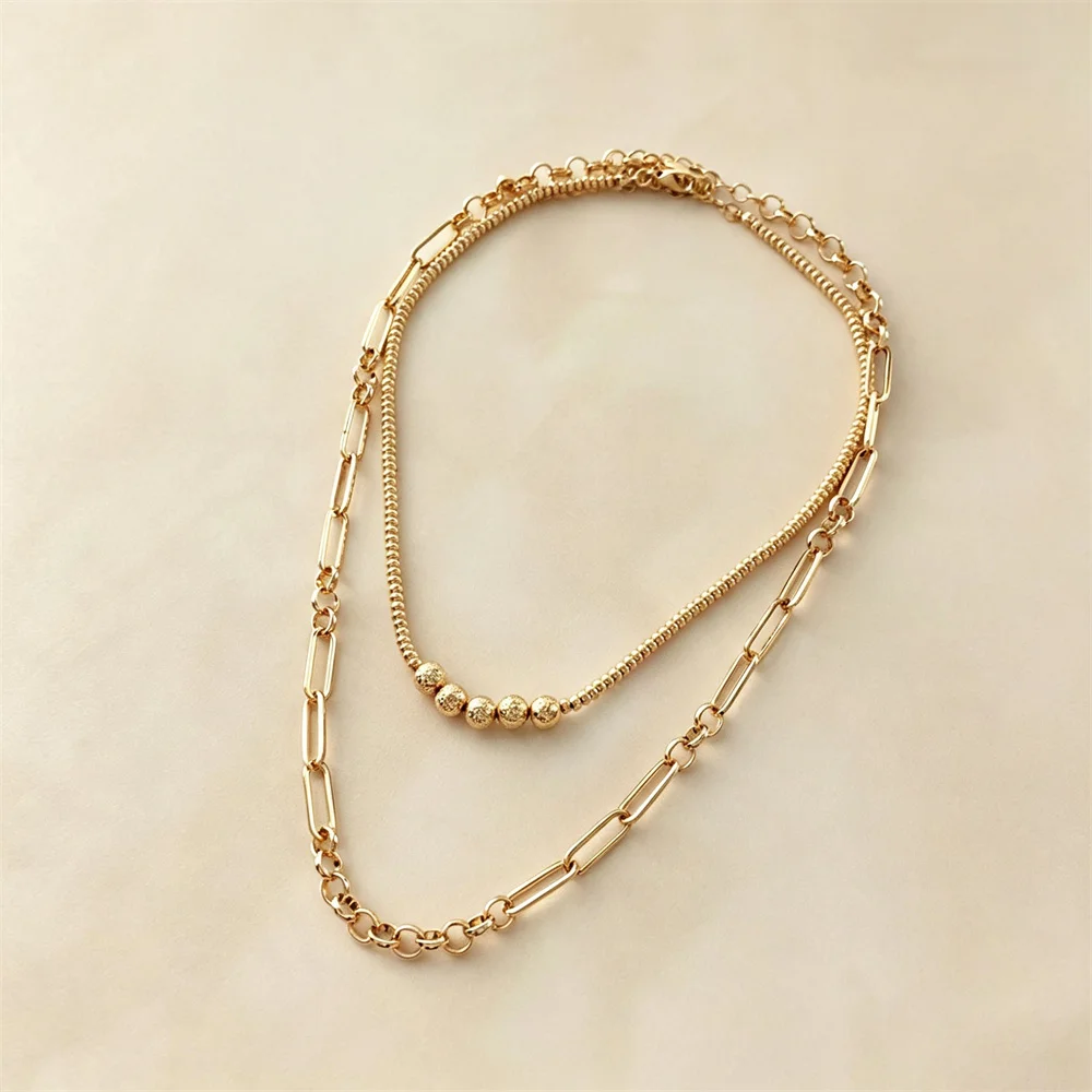 Dual-piece Detachable Golden Necklace Combo Smooth Round Bead Ball Thin Chain and Classic Paperclip Chain Elegant Simple Fashion