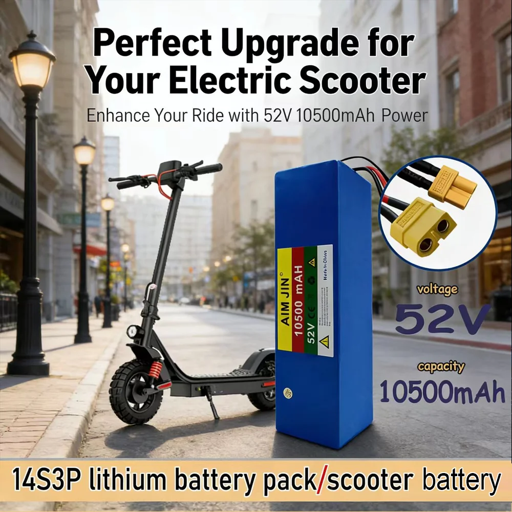 

52V 10.5Ah 14S3P Rechargeable Lithium Battery Pack Cells with Built-in BMS & Overcharge Protection, Durable for 1000W Scooters