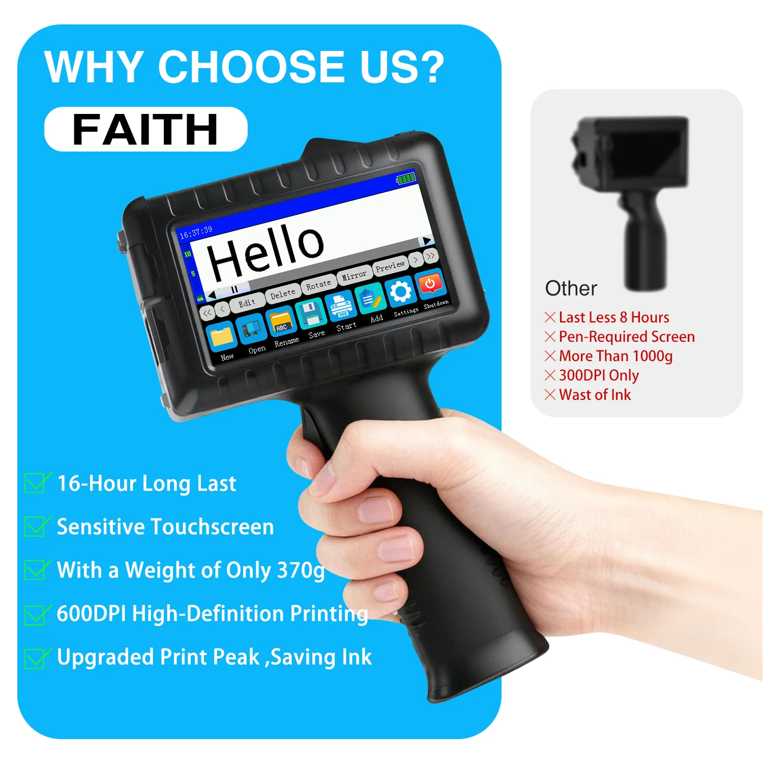

Faith 12.7mm Portable Printer Handheld Inkjet Printer Text QR Barcode Batch Number Logo Image Date Printing Machine 115 / 128