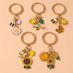 Cute Enamel Flower Bee Keychain Animal Key Rings Pendants for Women Girls Handbag Accessories DIY Jewelry Gifts
