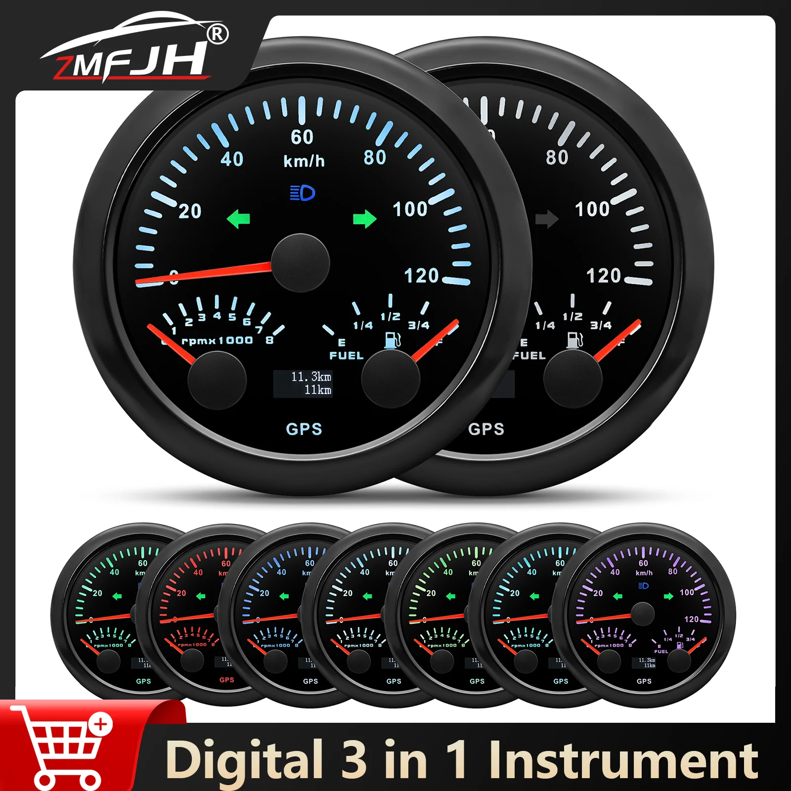 

85-мм GPS-спидометр с 7-цветной подсветкой, тахометр, указатель уровня топлива, датчик скорости 0-120 км/ч с GPS-антенной для морских судов и автомобилей