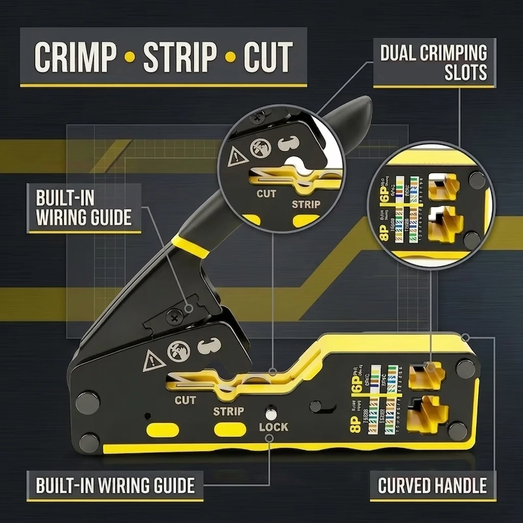 RJ45 Pass Through Crimp Tool, Ethernet Cable Crimper for Cat5 Cat5e Cat6 Connectors with Replacement Blade for Network Installat