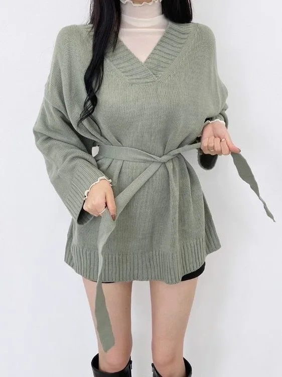 Schicker Sommer Vintage V-Ne Loose Lazy Knitwear Damen mittellanger Schlankheitspullover mit Gürtel, bequem, lang, Sve-Farbe