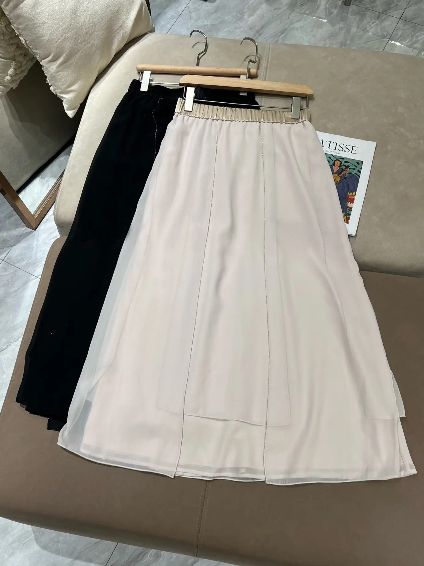 High Quality Split Silk Splicing A-line Mid Length Elastic Waist Skirt for Women Summer