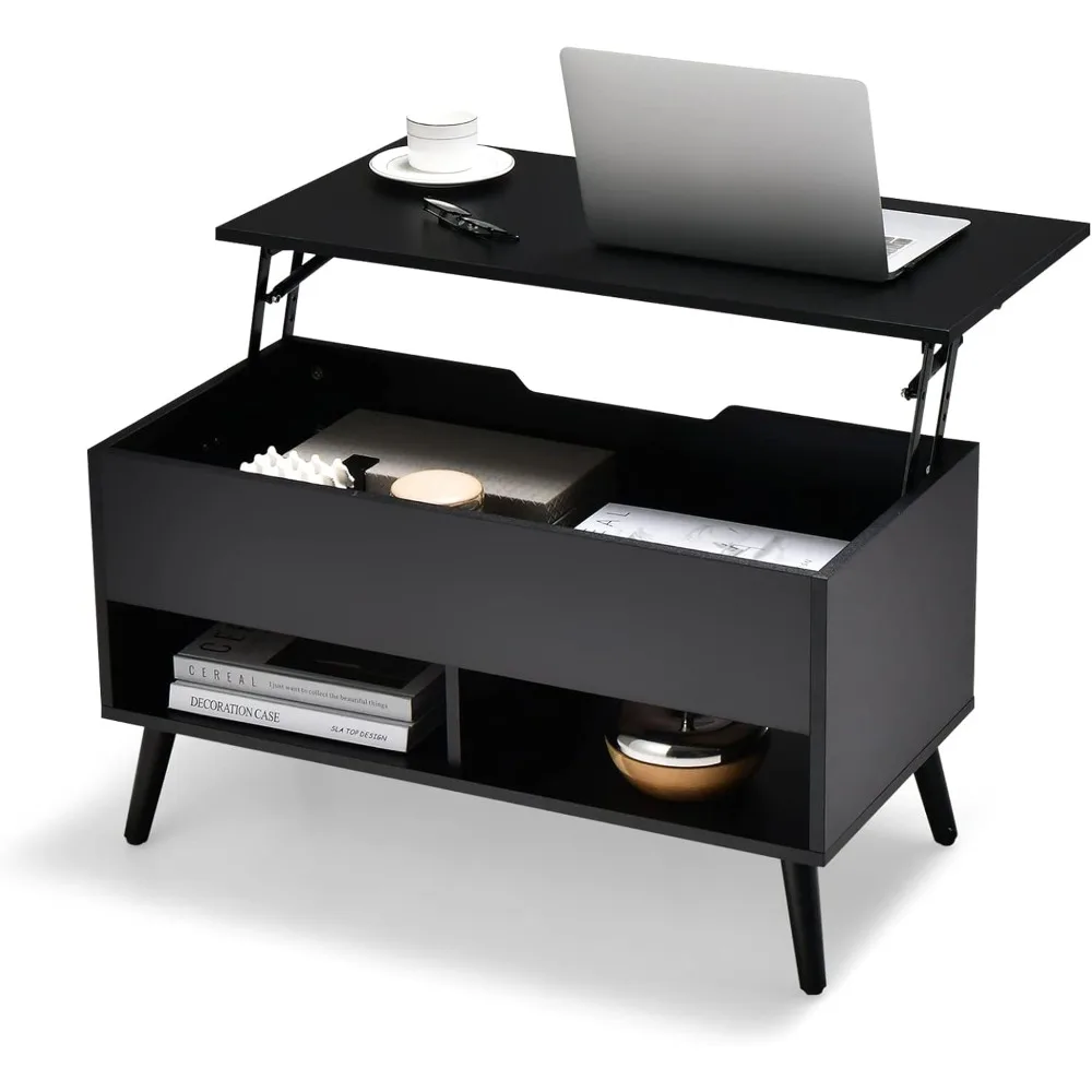 

Lift top coffee table with hidden compartment & 2 open shelves, flip top center table, pull up coffee table for living room