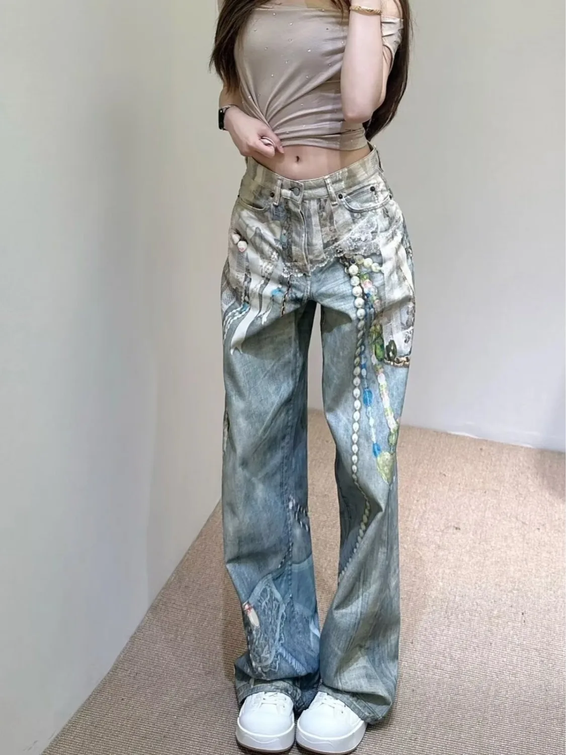 

Ретро Американские пряные девушки Тяжелая промышленность Джинсы с 3D цифровым принтом Женские свободные широкие брюки с высокой талией длиной до пола Модные брюки