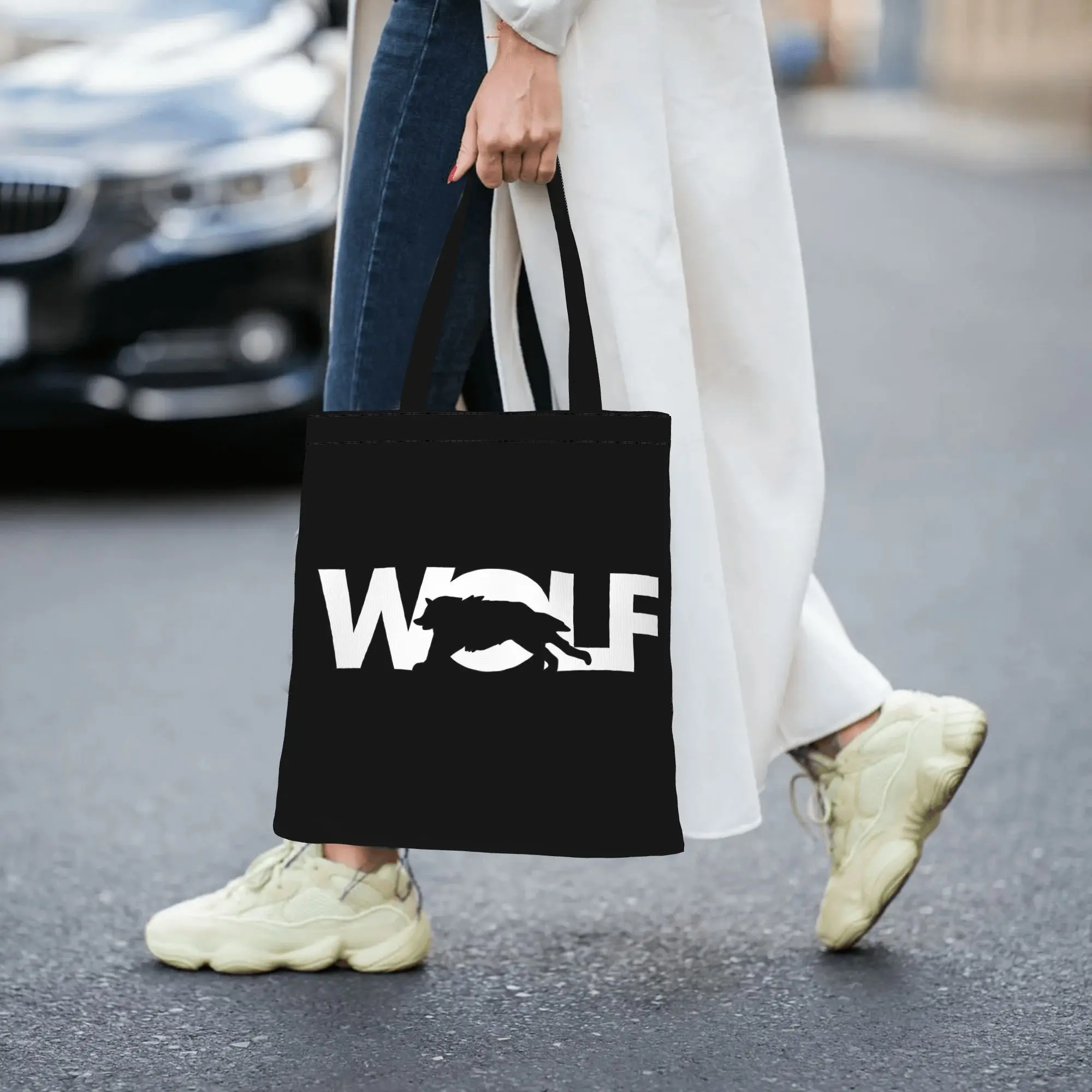 Customized Cool WOLF Women's Bag Shopping Bag Reusable Double Sided Canvas Tote Bag Shoulder  Handbag