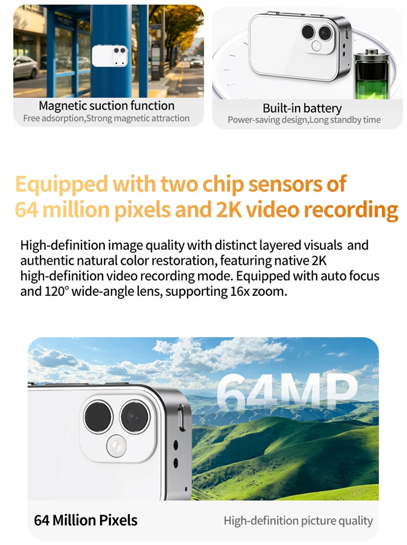 OnePus Dual-Objektiv Magnetische Daumenkamera 2.7K 1080P Pocket Sport Cam WIFI Autofokus Bodycam Tragbare Helmkamera – Detail 5