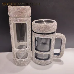 Double Layer Glass Cups with Handle Diamond Water Bottle Coffee Tea Mug Drinkware Beer Glass Cup Sparkling Rhinestones Bottle