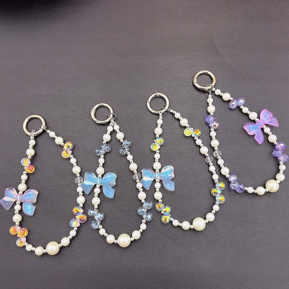 Mobile Phone Lanyard Bow Tie Bracelet, Beaded Bag Pendant Crystal Camera Keychain Decoration Universal Wrist Short Style
