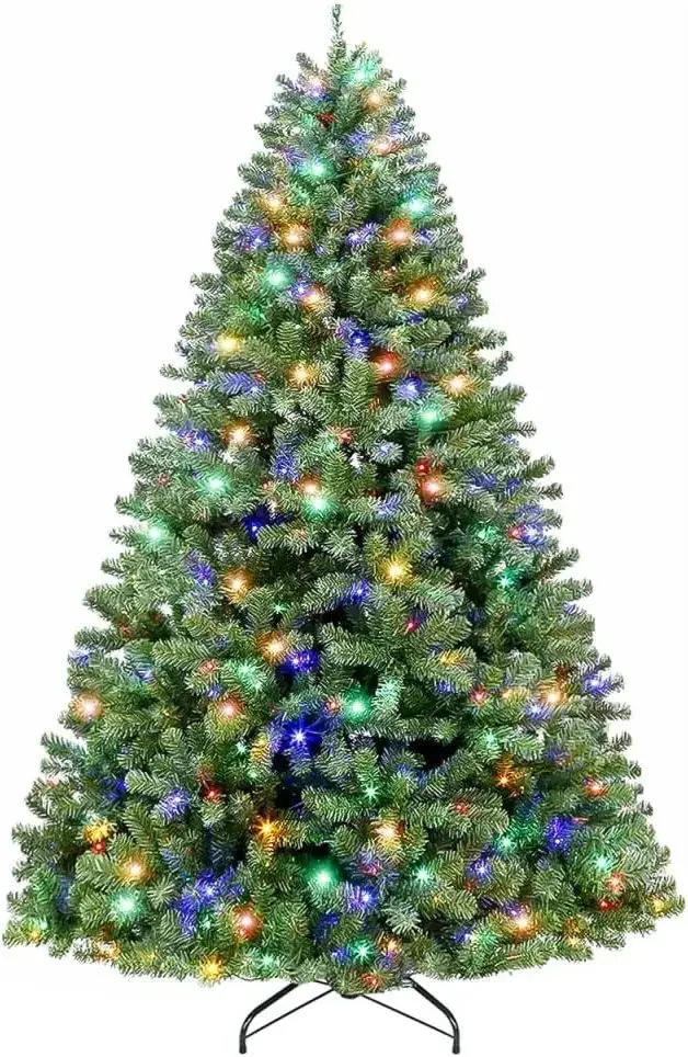 6.5 ft Prelit Christmas Tree, Artificial Christmas Tree with 350 Color Changing LED Lights, Metal Stand and Hinged Branches