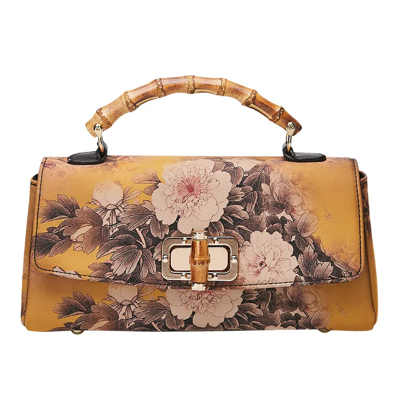 Johnature Cheongsam Leather Handbag 2024 New Vintage Print Women Bag Handmade Elegan Ladies Shoulder & Crossbody Bags