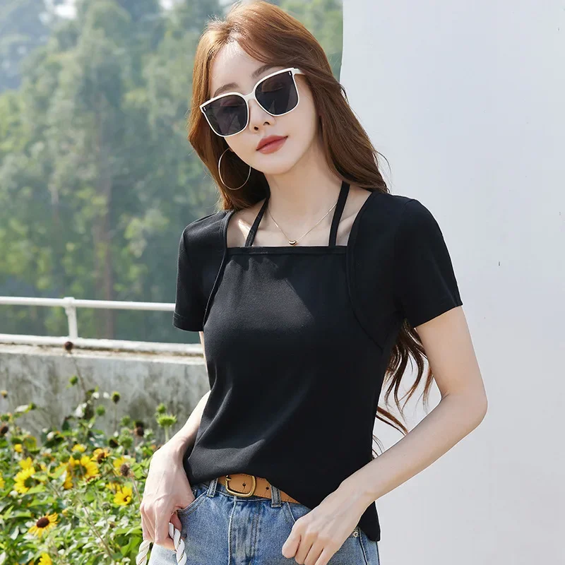 # 0265 الصيف قصيرة الأكمام تي شيرت المرأة ساحة طوق الشارع الشهير قصيرة التي شيرت سليم القطن سبليت المشتركة المرأة تي شيرت مثير