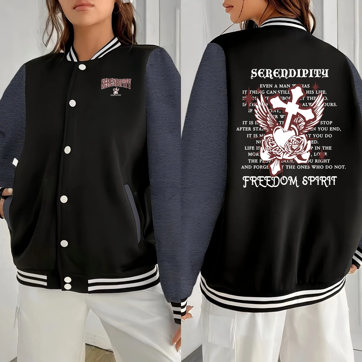 

Cross And Heart Rose Wings Print American Jacket Woman Casual Loose Baseball Jersey Autumn Hip Hop Streetwear Unisex Fleece Coat