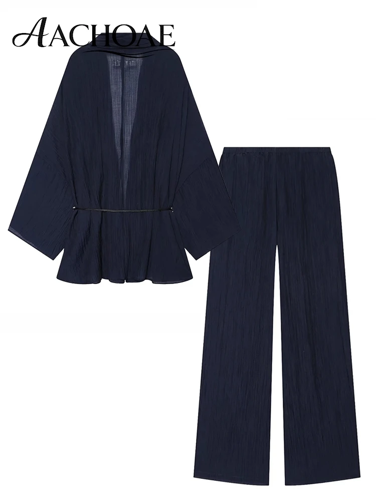 AACHOAE Women Pleated Two Piece Set Deep V Kimono Cardigan and Wide Leg Pants Casual Loose Lounge Set Matching Outfit Co Ord Set