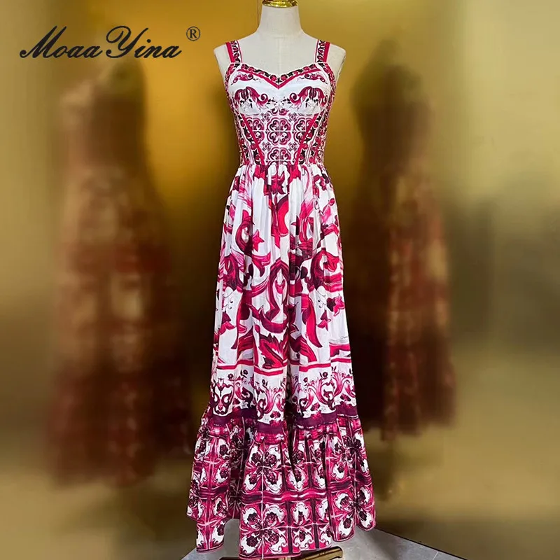 MoaaYina Fashion Runway dress Summer Women Cotton Dress Spaghetti Strap V-Neck Geometric Printing High Waist Big Swing Dresses