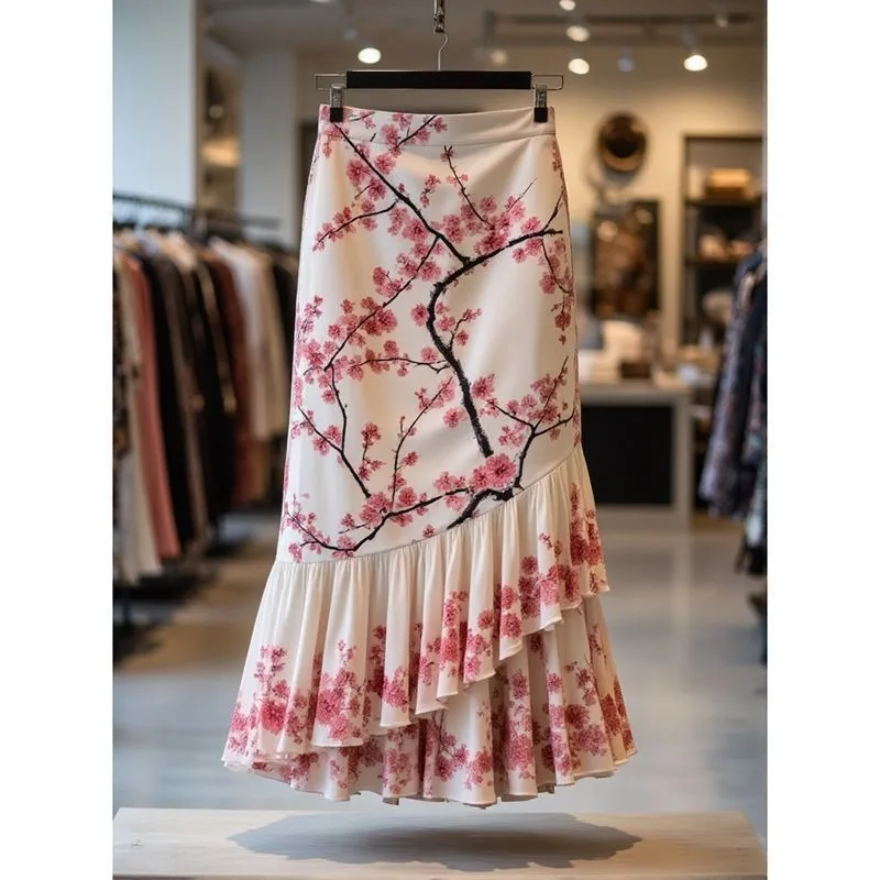 

New Fashion Pink Flower Printed Skirt Women Autumn Retro High End Elegant Irregular Patchwork Double Layer Slim Party Skirts