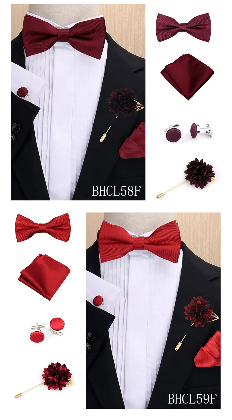 Modisches einfarbiges Fliege-Set für Herren, Fliege, Taschentuch, Manschettenknöpfe mit floraler Brosche, Anzug, Hochzeit, Business, Herren-Accessoires – Detail 15