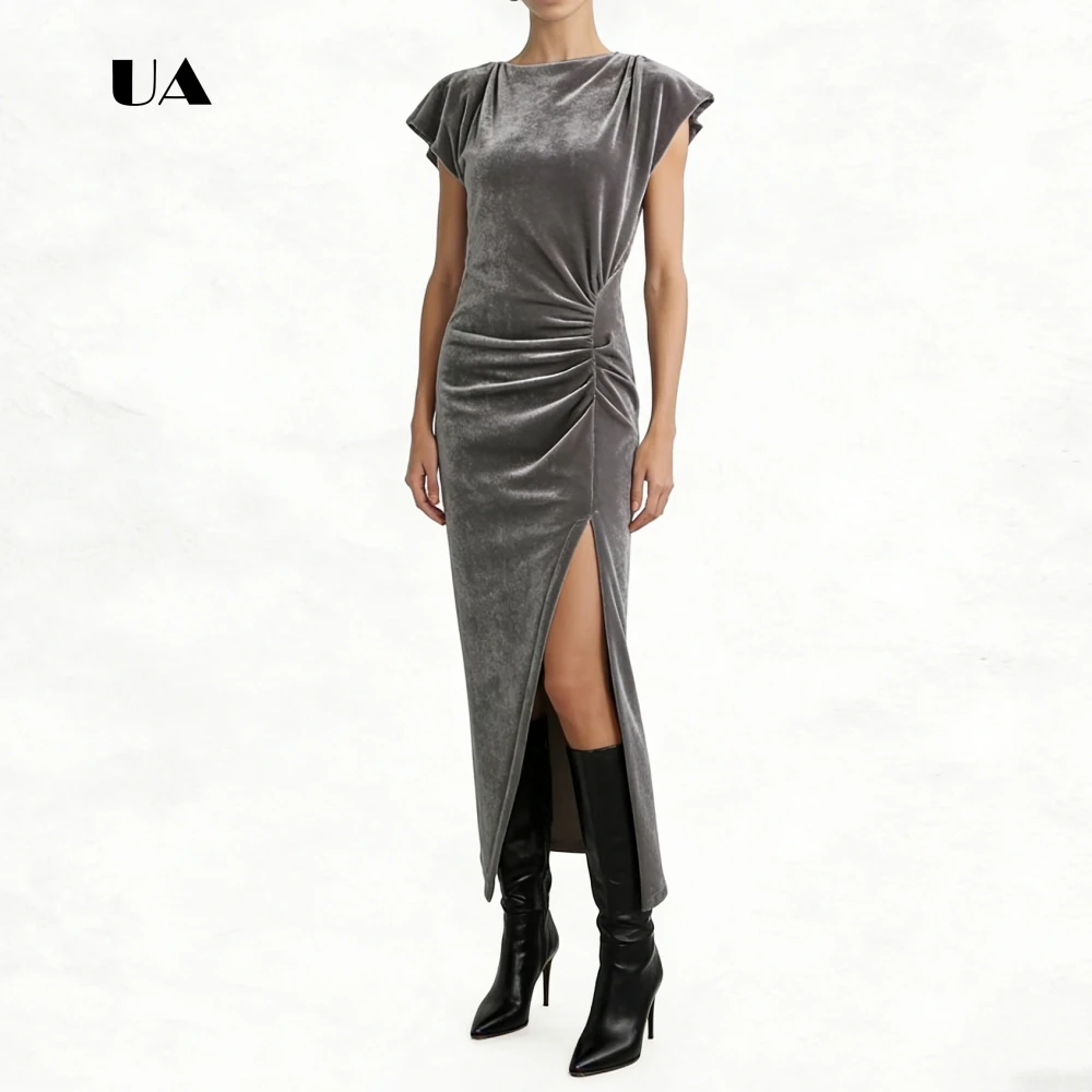 

ULBYANRY Velvet Sheath Prom Dress with Flounce Sleeves, Solid O-neck Shirring Evening Dress, Simple Slit Customized Party Gown