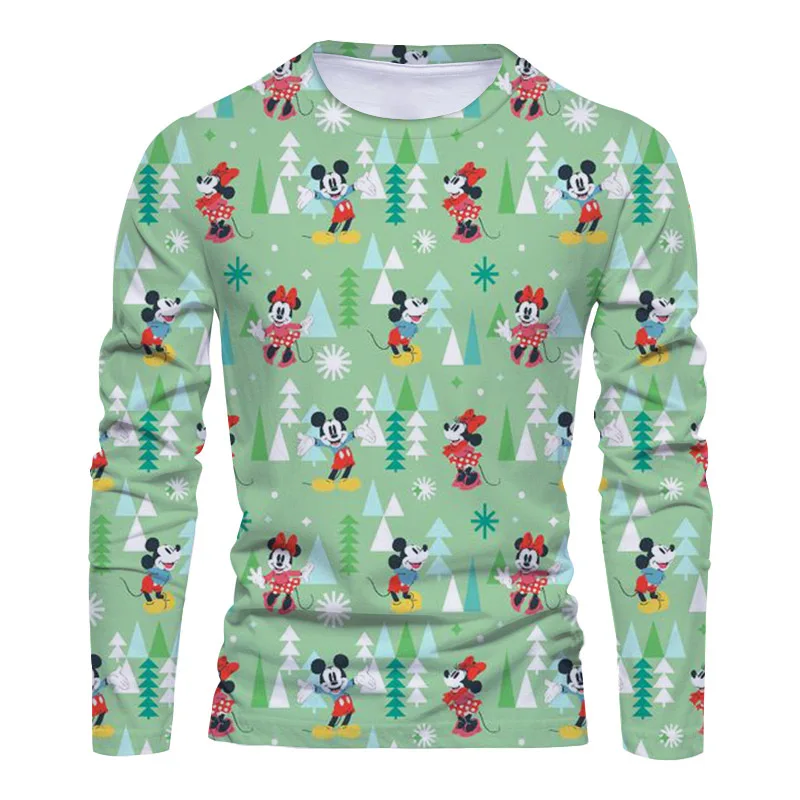 New Christmas New Disney Brand Mickey and Minnie Anime 3D Printing Fashion Casual Trend Men\'s Round Neck Long Sleeve T-Shirt