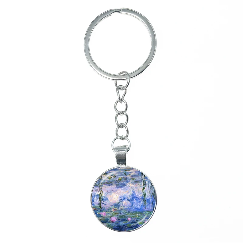 Claude Monet Oil Painting Sunflower Poppy Keychain Glass Cabochon KeyRing Bag Car Key Chain Ring Holder Charms Jewelry Gifts