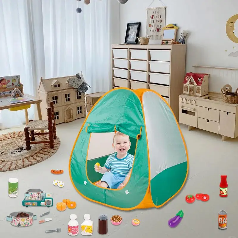 Camping Play Set 40pcs Fruits Toys Play Tent Set Toy Camping Set With Play Tent Barbecue Ovens Oil Lantern Toy BBQ Grill Set For