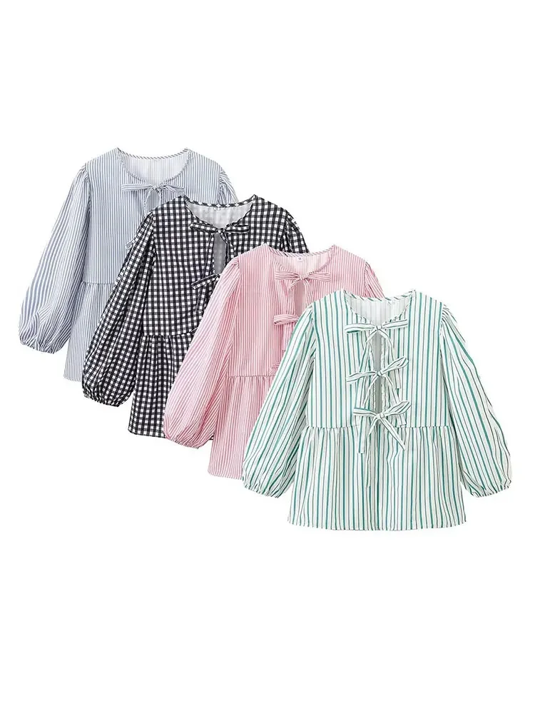 HH TRAF Summer Fashion Woman Bow Tied Lace Up Shirts Casual Puff Short Sleeves Blouse Elegant O-neck Ruffle Solid Color Tops