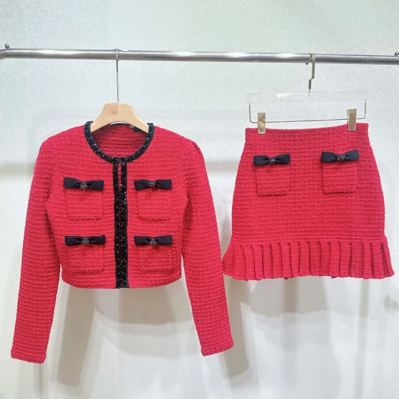 

Red Small Fragrant Wind Knitting Women Suit High Quality Long-sleeved Coat + Mini Skirt Fashion Sweet French Two-piece Lady Set