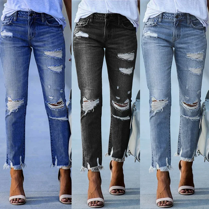 

Women Jeans Washing Pencil Pants Denim Holes Tassel Solid Color Zipper Fly Pockets Slight Strech Slim Fit High Street Spring