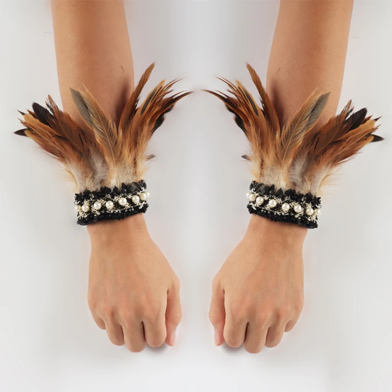 Puños de plumas de gallo naturales para mujer, muñequeras desmontables, calentador de brazos, accesorios góticos para fiesta Rave, manchette de