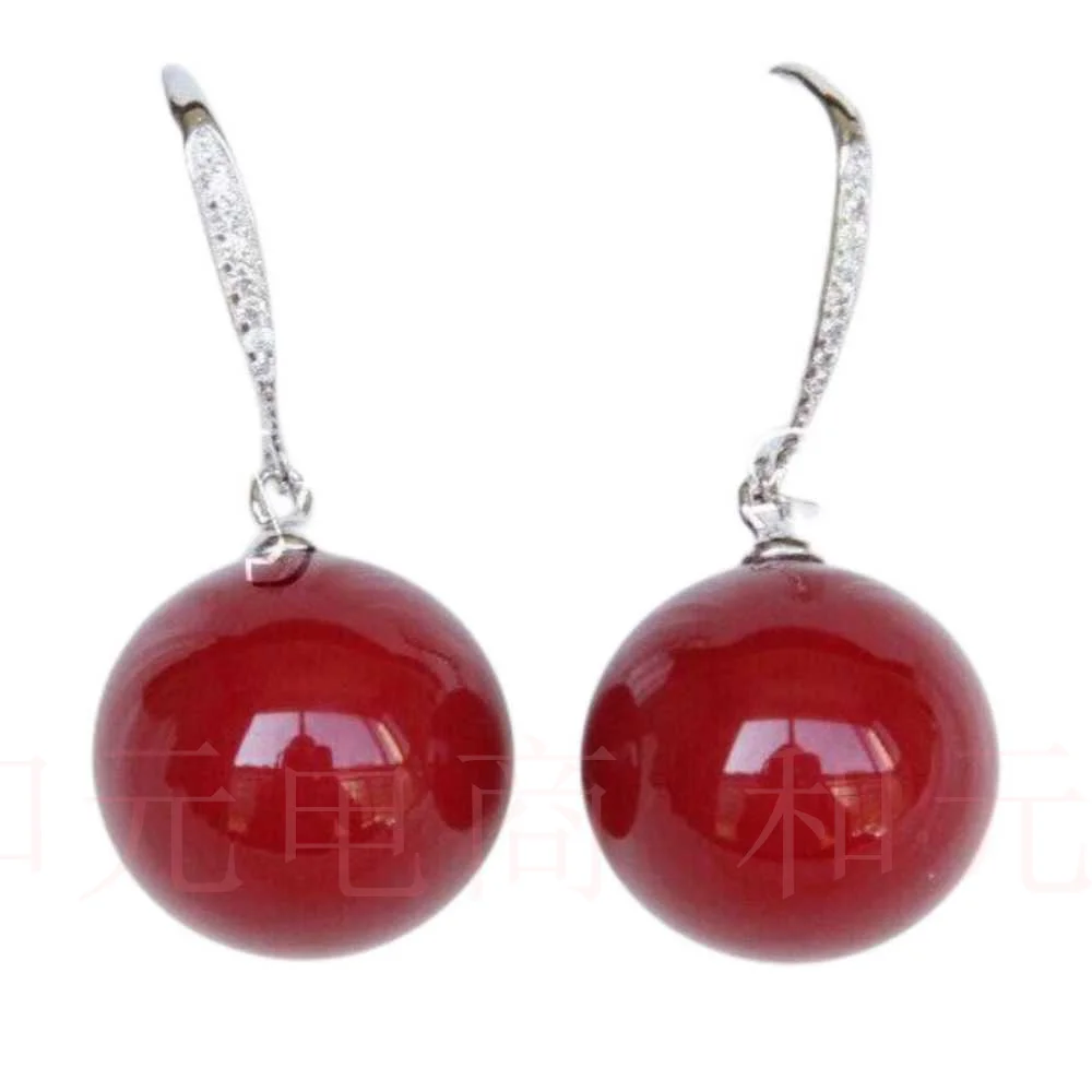 AAA Dangle 14mm round red south sea shell pearl Earrings 925 silver Lucky Holiday gifts Jewelry Aquaculture Party