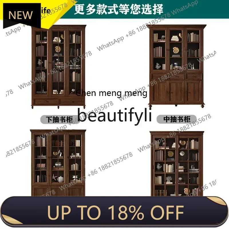 

P178 B61 American all-solid wood glass door sliding bookcase Modern simple sliding door locker