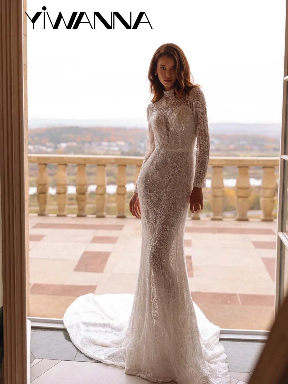 Abito da sposa lungo fino al pavimento con perline attraenti con corsetto Abito da sposa a sirena in pizzo da sogno Abiti personalizzati a collo alto per la sposa