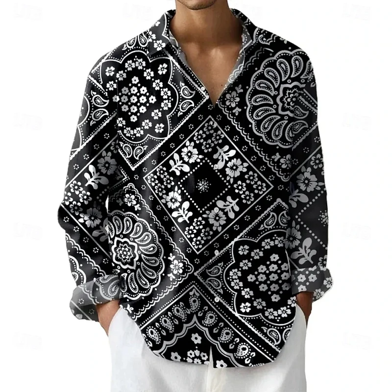 Men's shirt, ethnic style cashew flower long sleeved shirt, retro paisley print lapel shirt, casual loose and trendy top