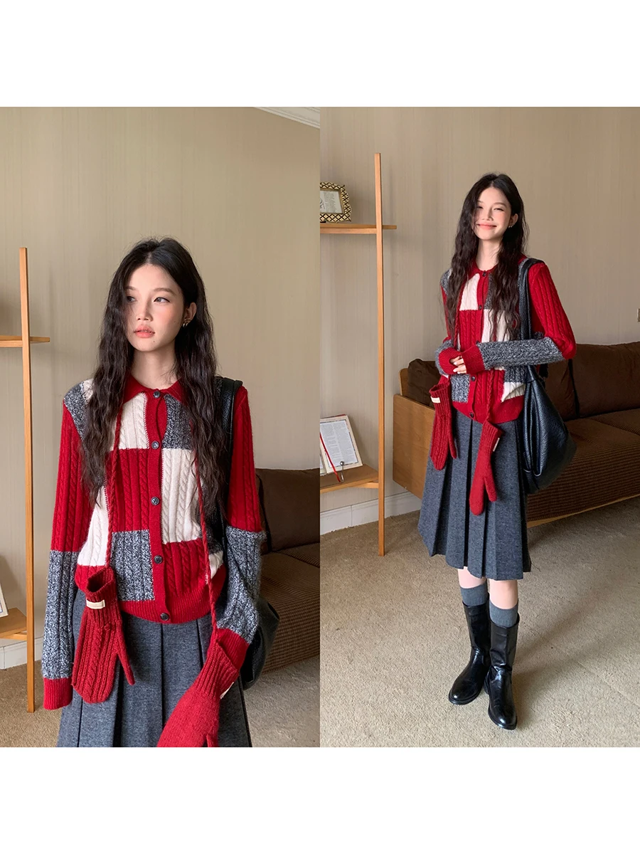 

Кардиган женский Linyunyun, вязаный, с отложным воротником в клетку, свободный, мягкий, повседневный, для зимы