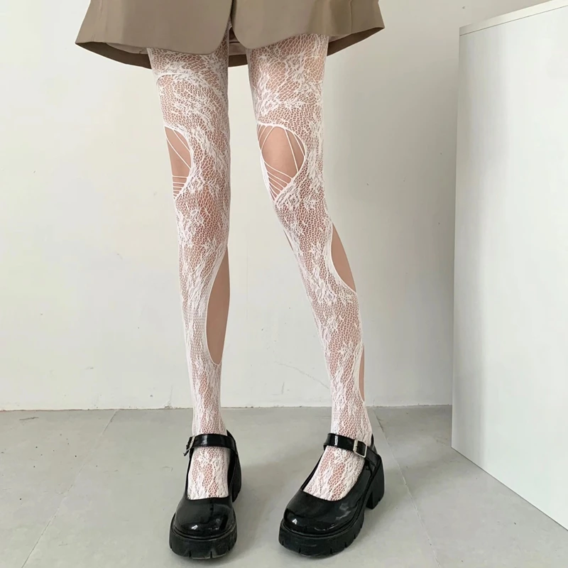 Sexy Broken Hole Lace Tights for Women Fashion Fishnet Long Stockings Easy Tearable Y2K Pantyhose Hollow Out Female Leggings