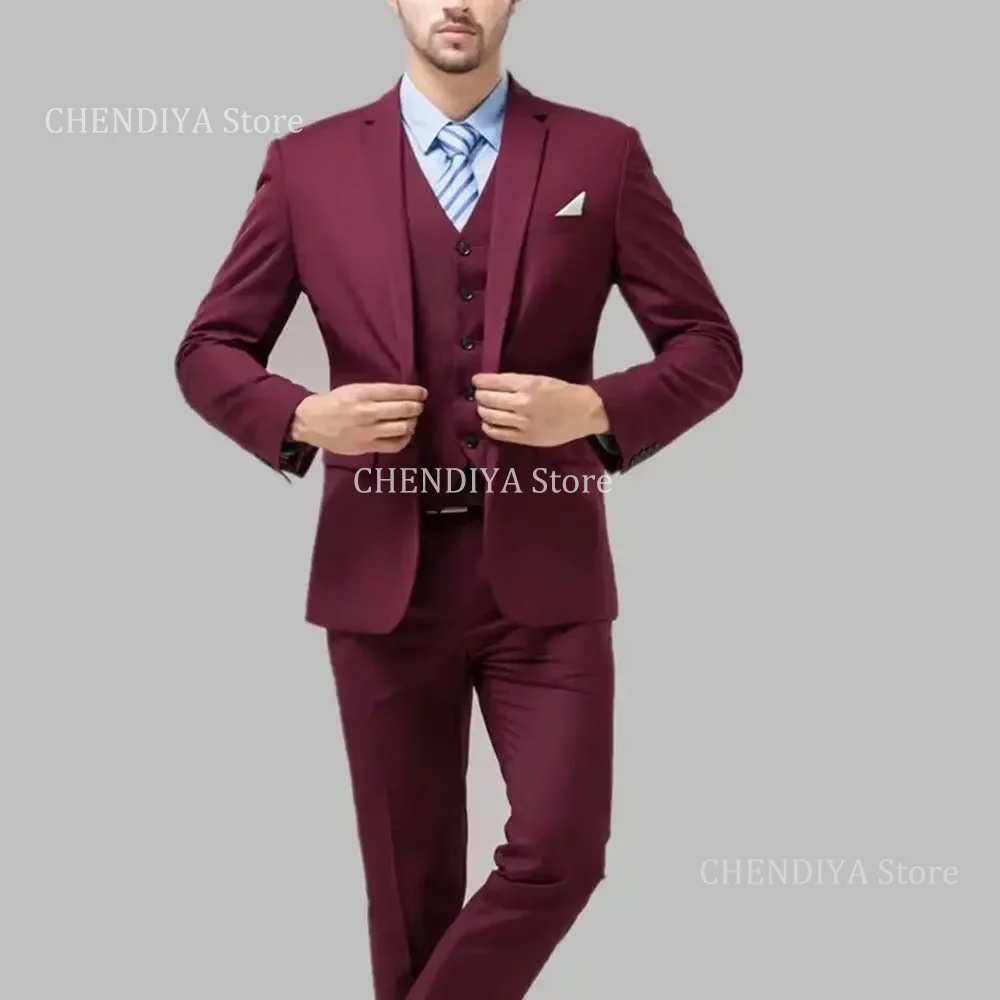 

Burgundy Men's Clothing Fashion Notch Lapel Single Breasted Blazer Business Wedding Casual 3 Piece Solid Color Costumes Homme
