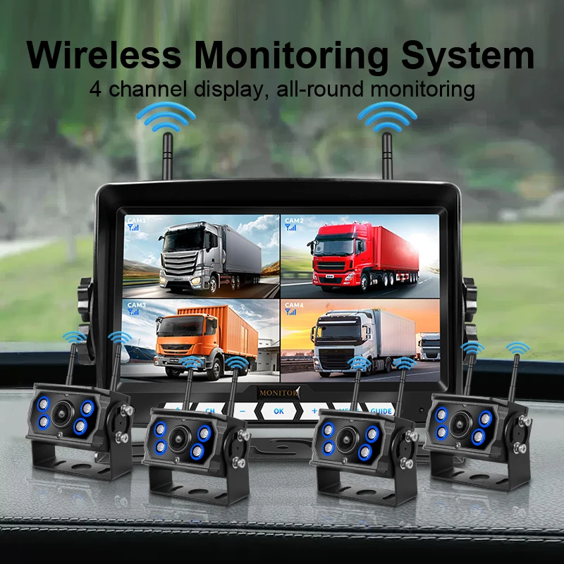 

7-дюймовый 4-канальный беспроводной комплект цифровых камер с монитором и DVR-рекордером, инфракрасное ночное видение для автодомов, грузовиков, прицепов, караванов, автобусов