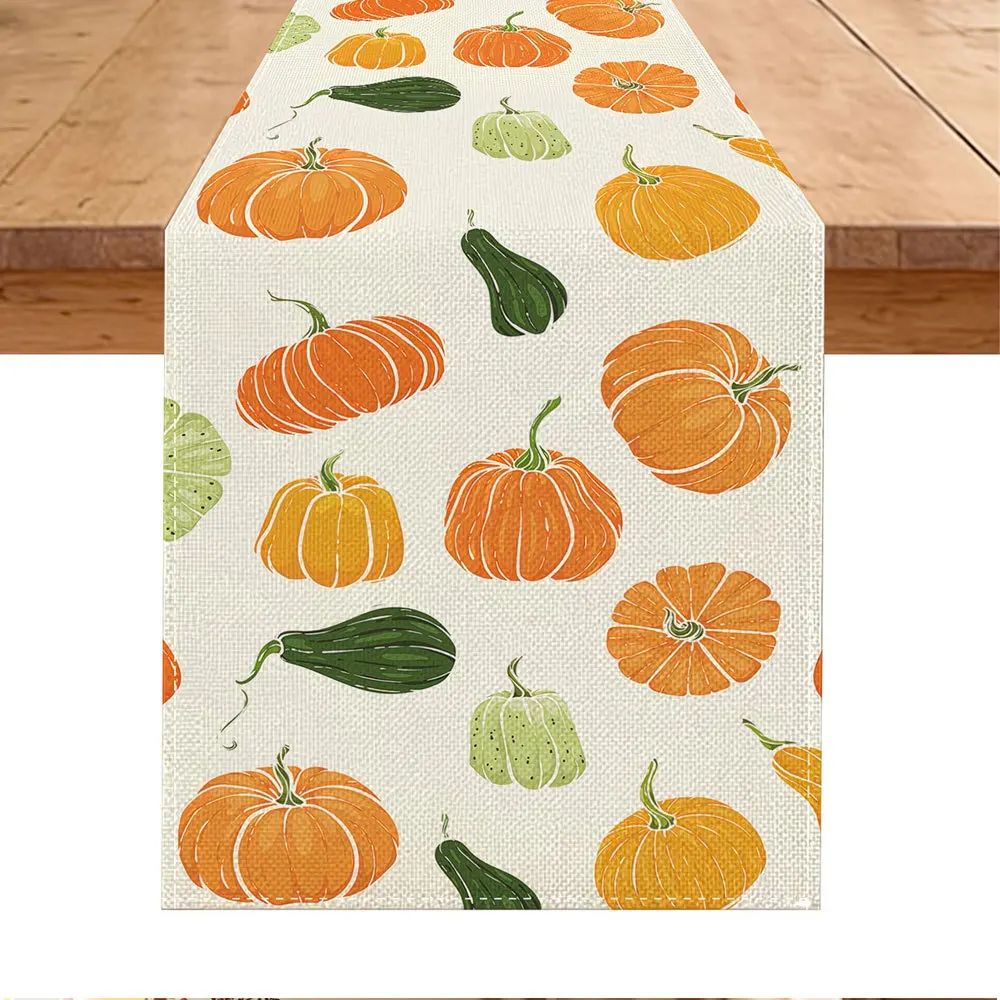 Linen Table Runner Pumpkin Basket on White Buffalo Check with Orange Trim Fall Cover  Thanksgiving Dinner Table